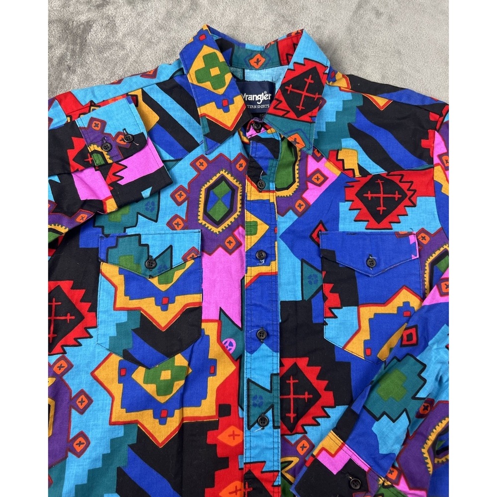 Vintage Wrangler Shirt Men's L Western Aztec Long Sleeve Button Up Brush‎ Popper